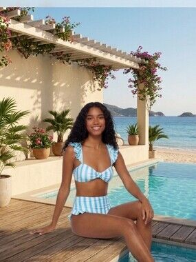 Blue Stripe Ruffle Strap Swim Top and Stripe Ruffle Swim Bottom